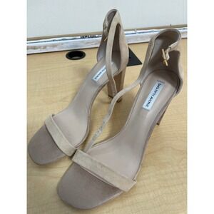 Saks Fifth Avenue Beige Suede Block Heel Sandals Ankle Strap Tan 4 Inch Heel